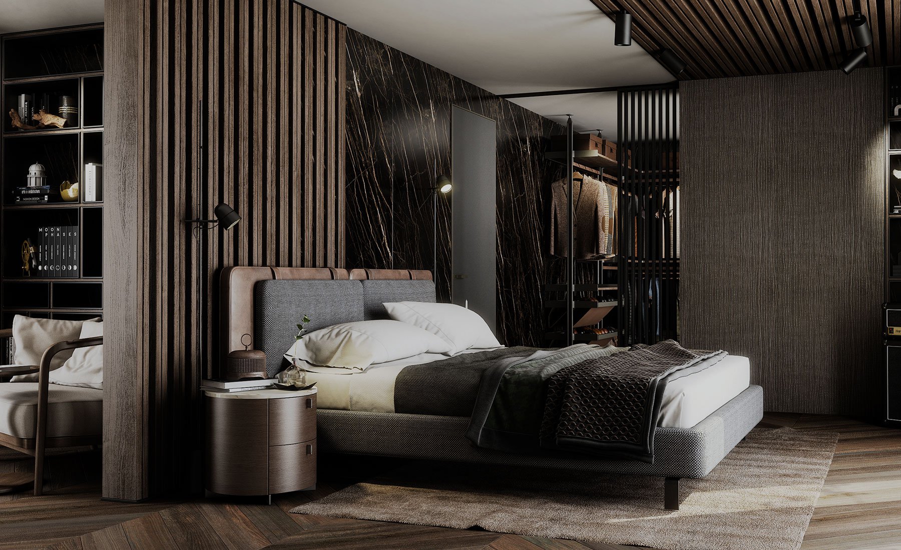 A room with multiple materials in floors and walls (wood, marble, fabrics, stoneware...).