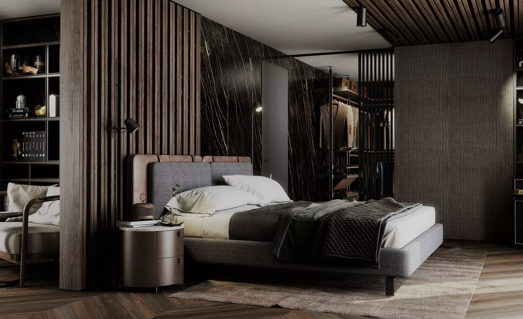Una habitación con múltiples materiales en suelos y paredes (madera, márcol, tejidos, gres...)