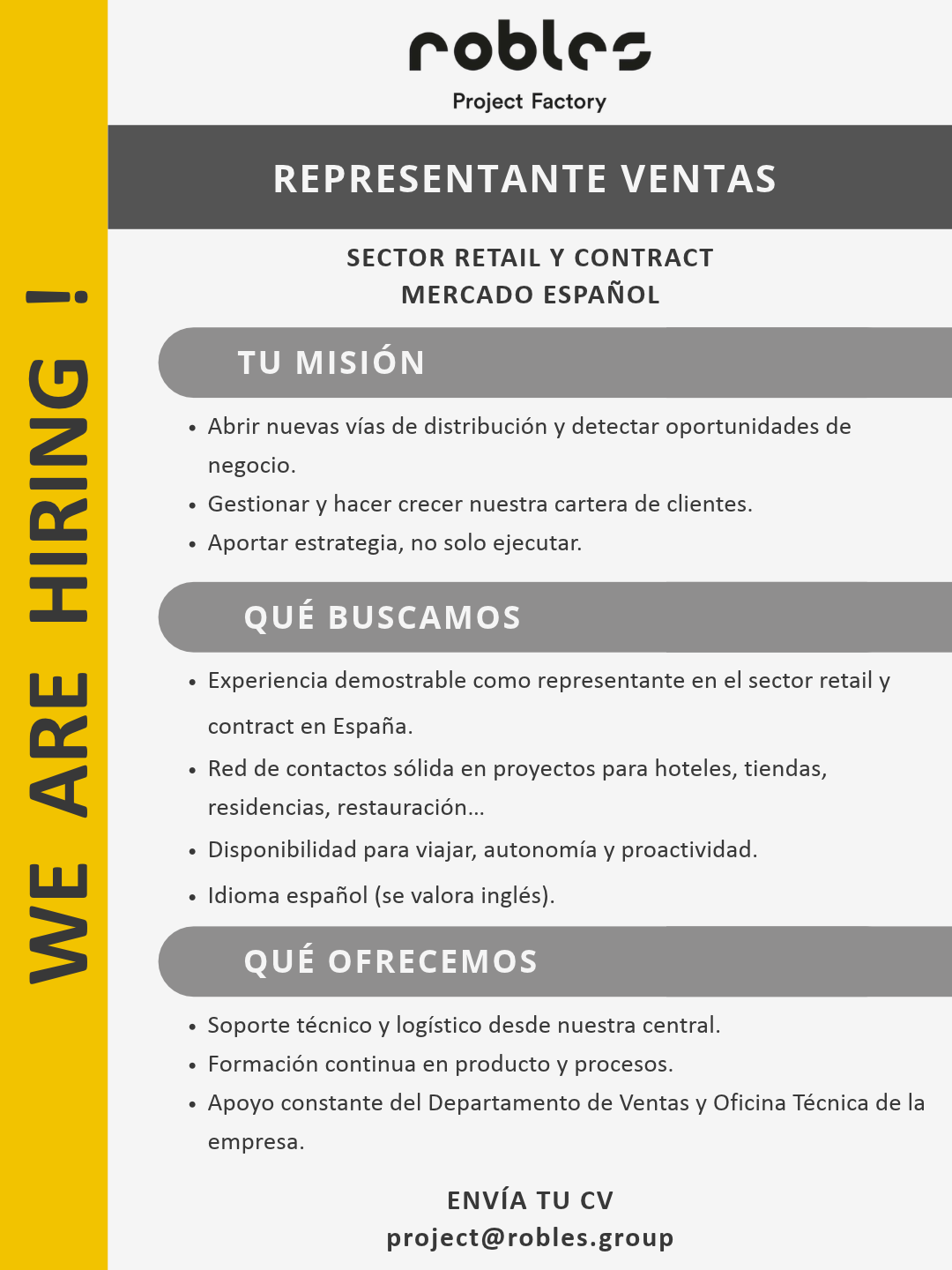 Robles Project Factory recrute un Représentant commercial pour l’Espagne : retail et contract